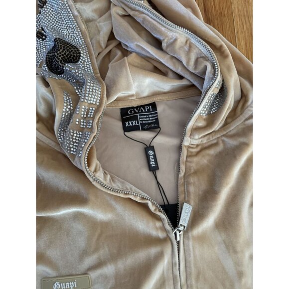 Guapi Rhinestone Skull Velour Full Zip Hoodie Tan Limited Edition Size XXXL NEW - Picture 5 of 9
